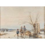 Toegeschreven aan Andreas Schelfhout (1787-1870)Schaatsers op een bevroren vaart; inkt en aquarel;