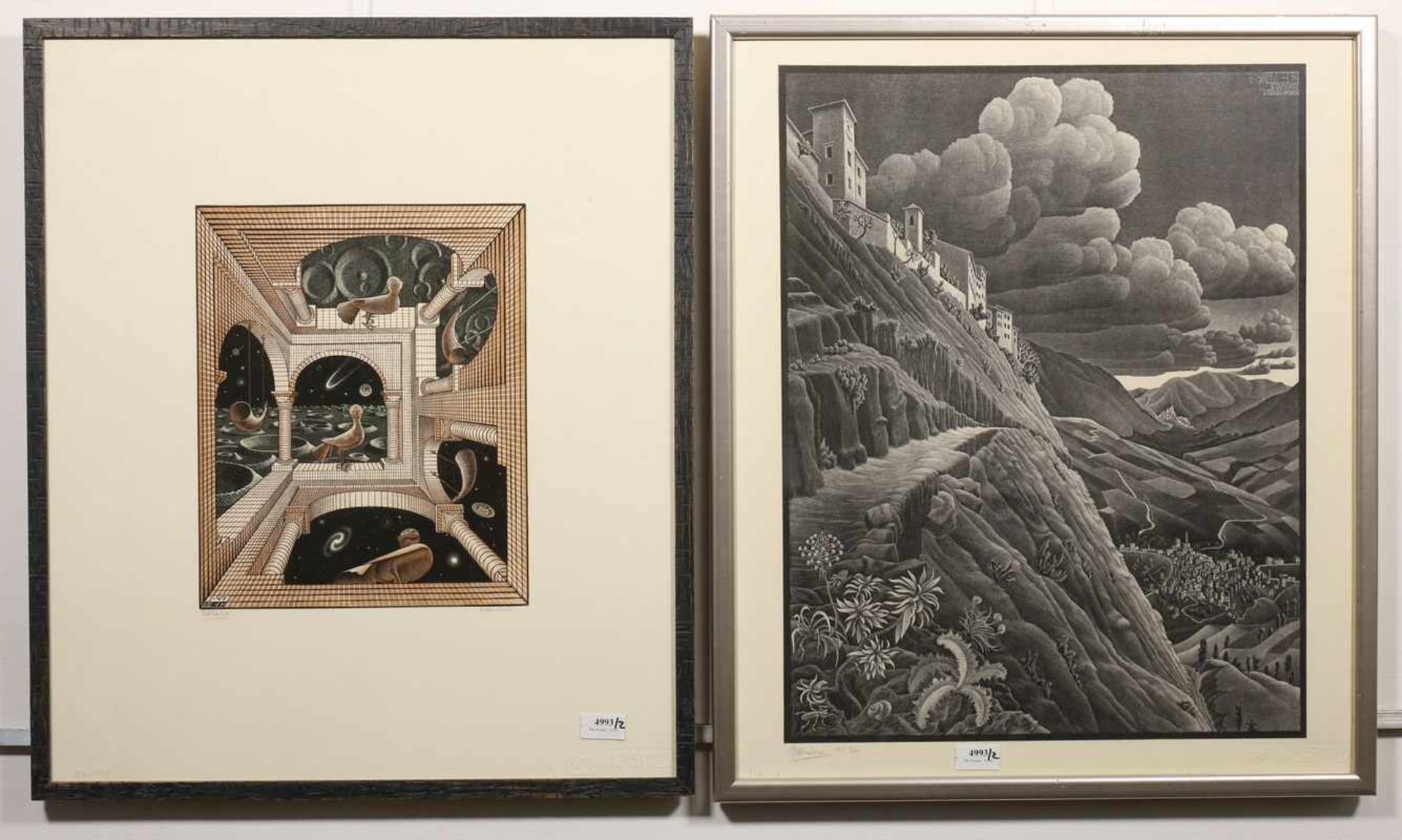 Naar M.C. EscherCastrovalva / Andere wereld; tweemaal druk; ca. 60 x 50 cm.; uitgegeven door de M.C.