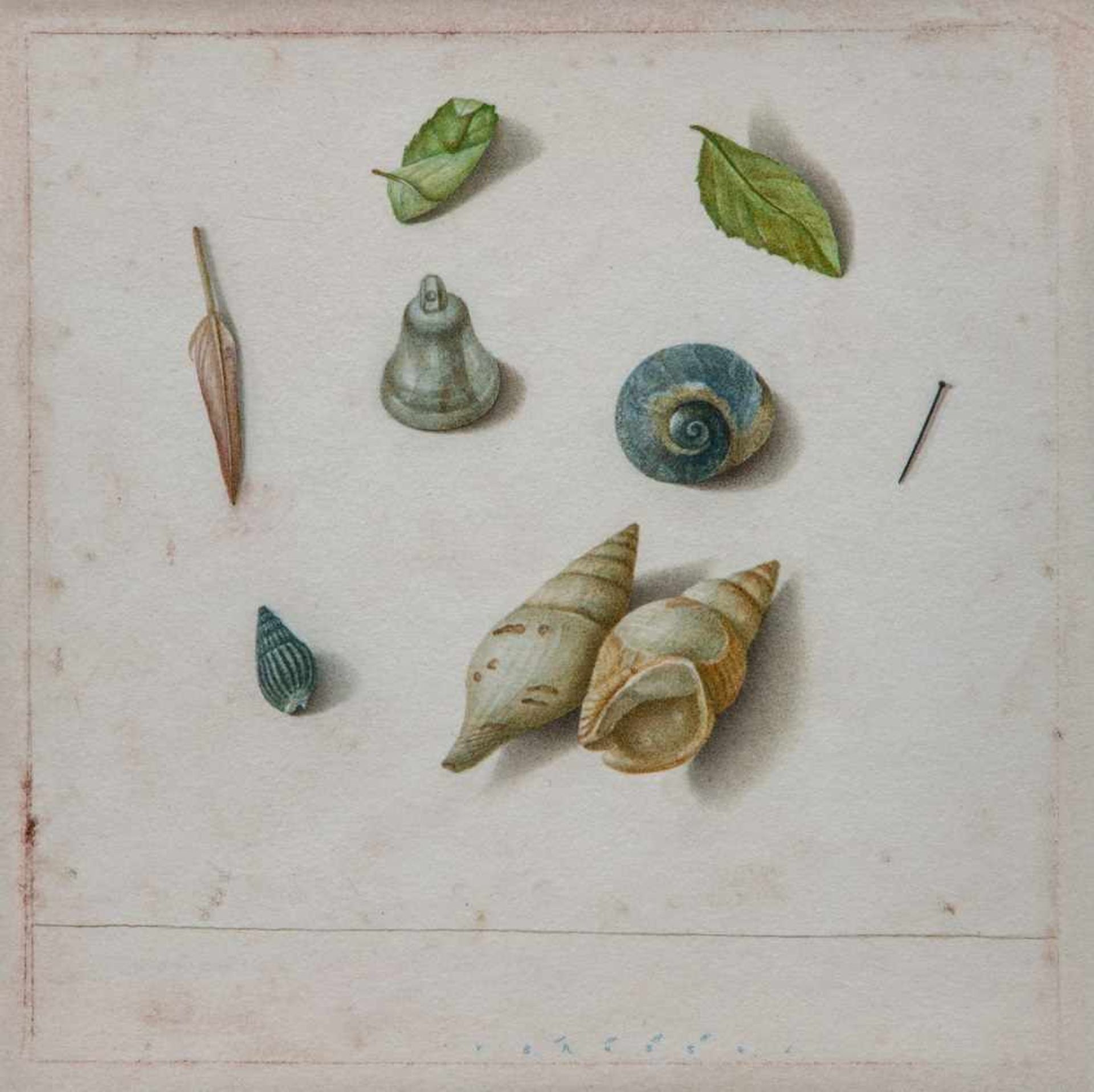 Anneke van Brussel (geb. 1949)Stilleven met schelpen, een slak en een bel; paneel; 26 x 26 cm.;