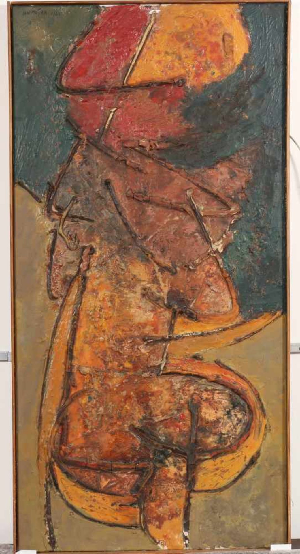 Jan Meijer (1927-1995)'Souvenir Dogan'; doek (beschadigd); 100 x 50 cm.; gesign. l.b., 1/'62; Uit de