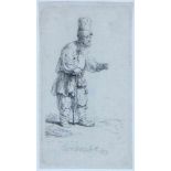 Rembrandt van Rijn (1606-1669)Boer met hoge muts, leunend op een stok; ets; 9 x 5 cm.; gesigneerd in