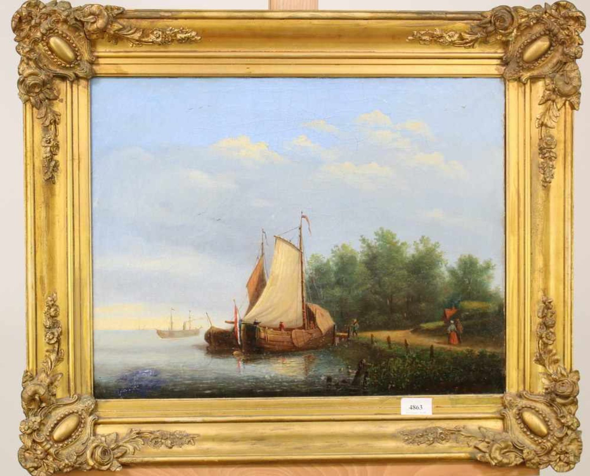 E.Hoffmann (19e eeuw)Schepen bij een steiger langs een meer; doek; 40 x 52 cm.; gesign. r.o., - Bild 2 aus 2