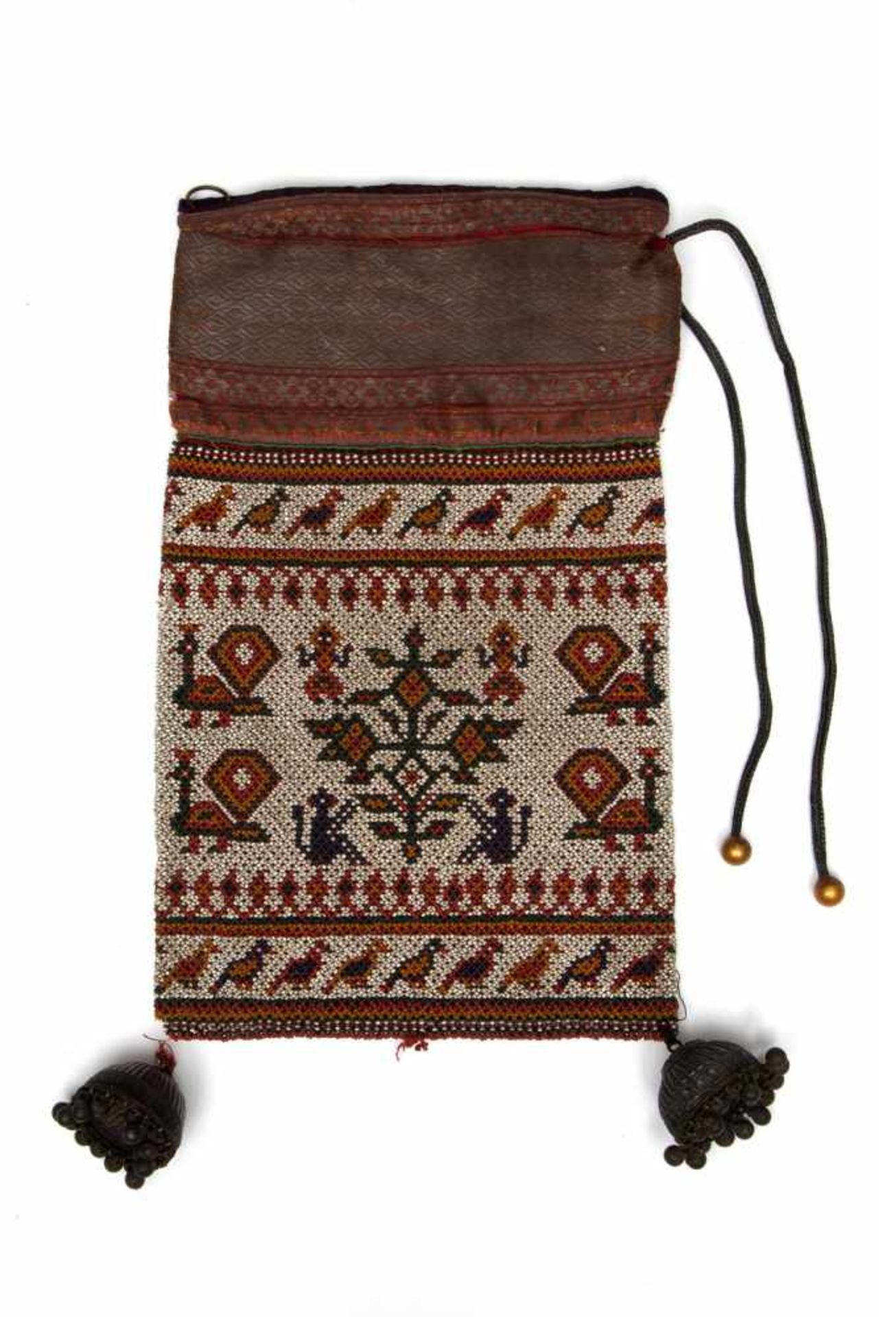 India, Gujarat, court art bag with glass beaded panels, possibly 16th-17th century.depicting a