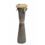 Papua Barat, Sentani, wooden drum, hourglass shaped,with curved linear design, original leather