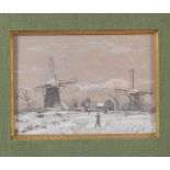 Louis Apol (1850-1936)Figuur bij molens in de sneeuw; houtskool en wit krijt; 8 x 11,5 cm.;