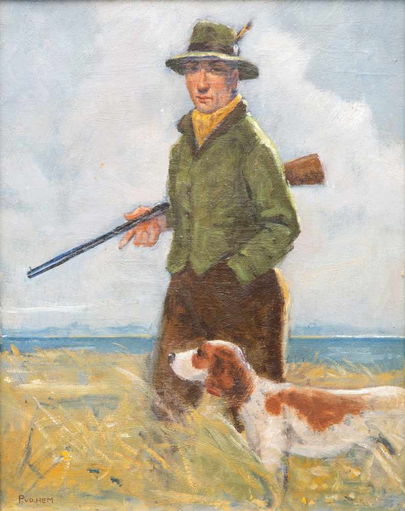 Toegeschreven aan Piet van der Hem (1885-1961)Een jager met zijn hond in een veld; maroufle, ; 47