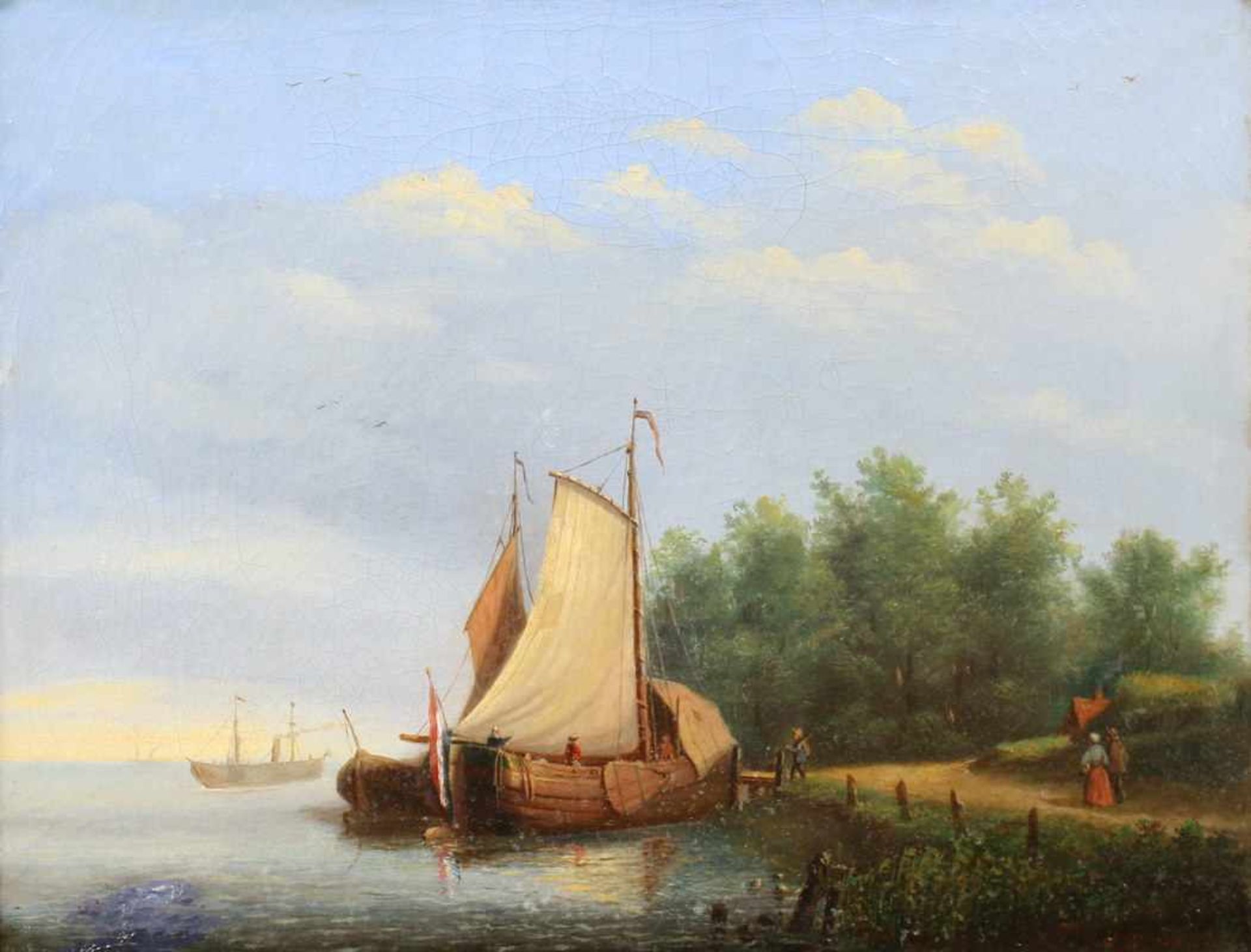 E.Hoffmann (19e eeuw)Schepen bij een steiger langs een meer; doek; 40 x 52 cm.; gesign. r.o.,