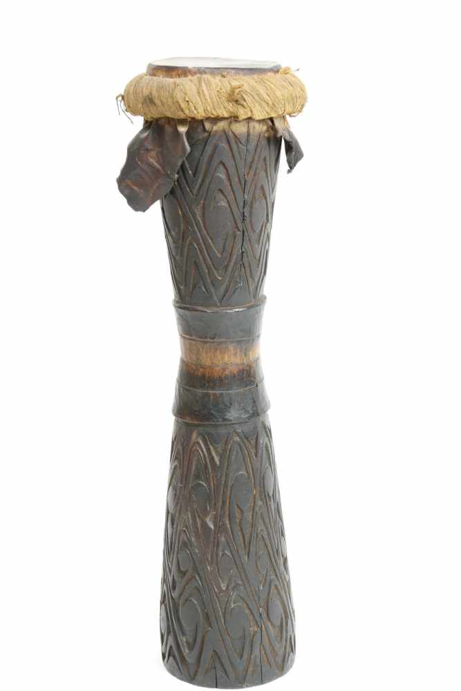 Papua Barat, Sentani, wooden drum, hourglass shaped,with curved linear design, original leather - Image 2 of 2