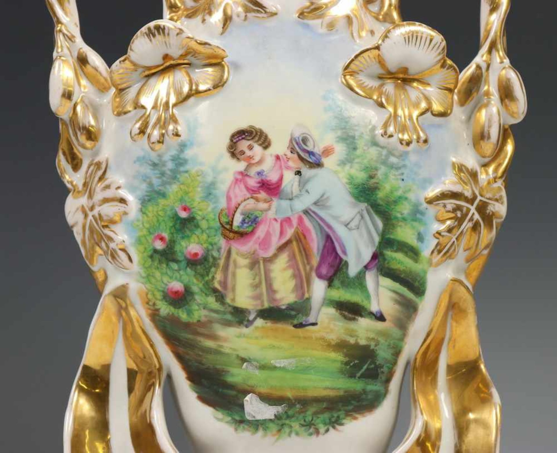 Frankrijk, paar verguld porseleinen vazen, laat Biedemeier,met geschilderde romantische - Bild 2 aus 2
