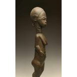 Ivory Coast, Baule, standing female figure,with pendulus breast, scarifcations on the face, neck,