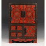 China, rood gelakt houten bijouskastje, begin 20e eeuw,met decor van lotussen en koperen beslag;