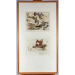 Anton Heijboer (1924-2005)Twee etsen, samen ingelijst; tweemaal ets; ca. 32 x 40 cm.; gesign.,