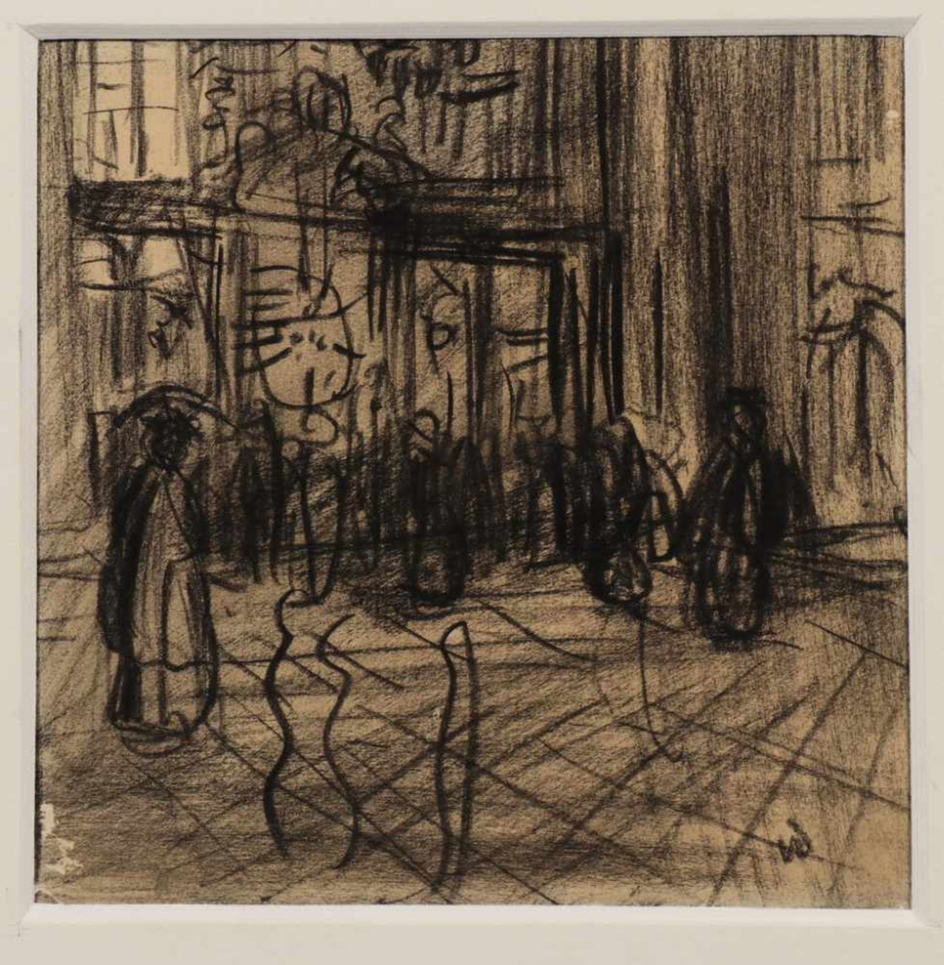 Kees van Dongen (1877-1968)Figuren in een winkelstraat; houtskool, niet ingelijst; 12 x 13 cm.;