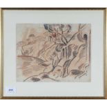 Mommie Schwarz (1876-1942)Heuvellandschap; houtskool en rood krijt; 20 x 26 cm.; gesign. r.o.; 1200