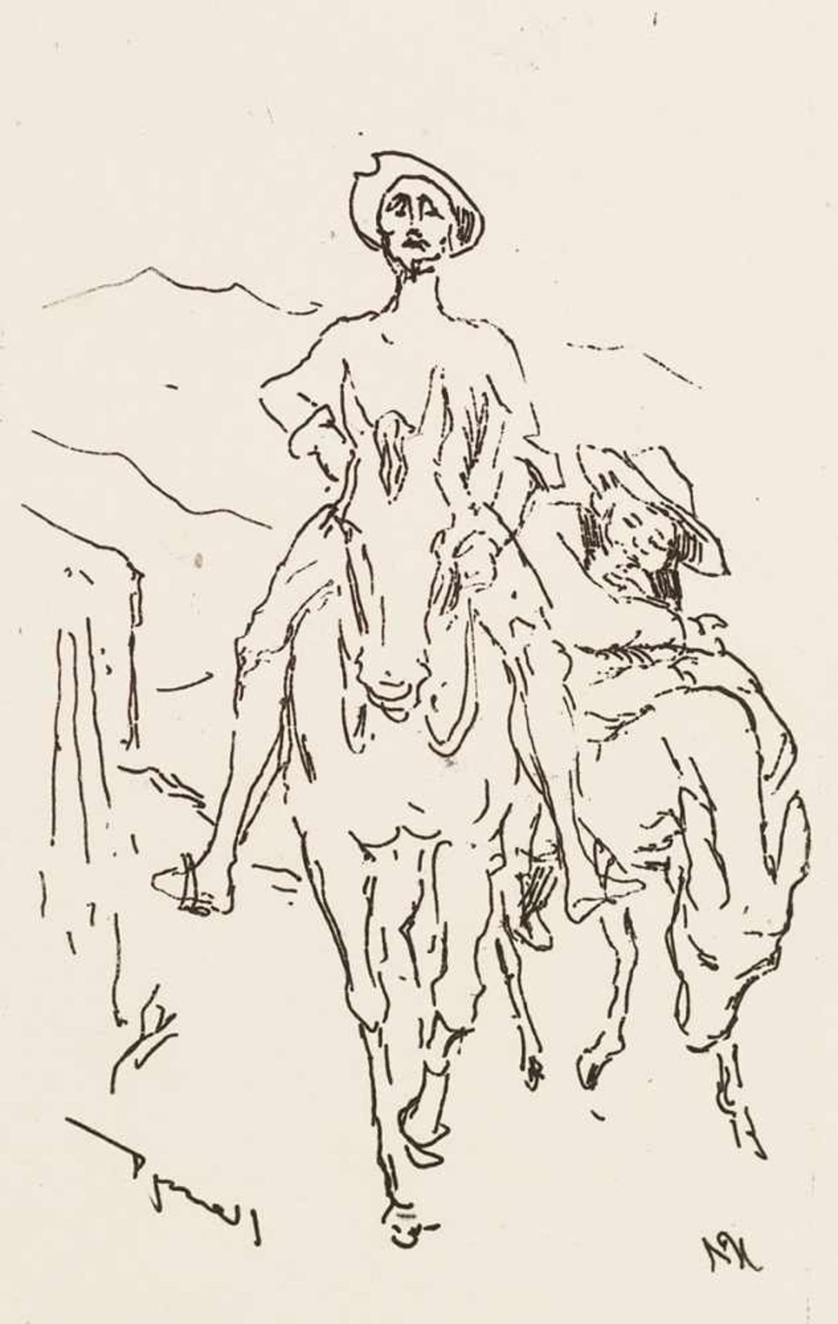 Slevogt, Max (1868-1932)Don Quijote und Sancho Pansa kommen entgegenRadierung, Kupferdruckkarton,