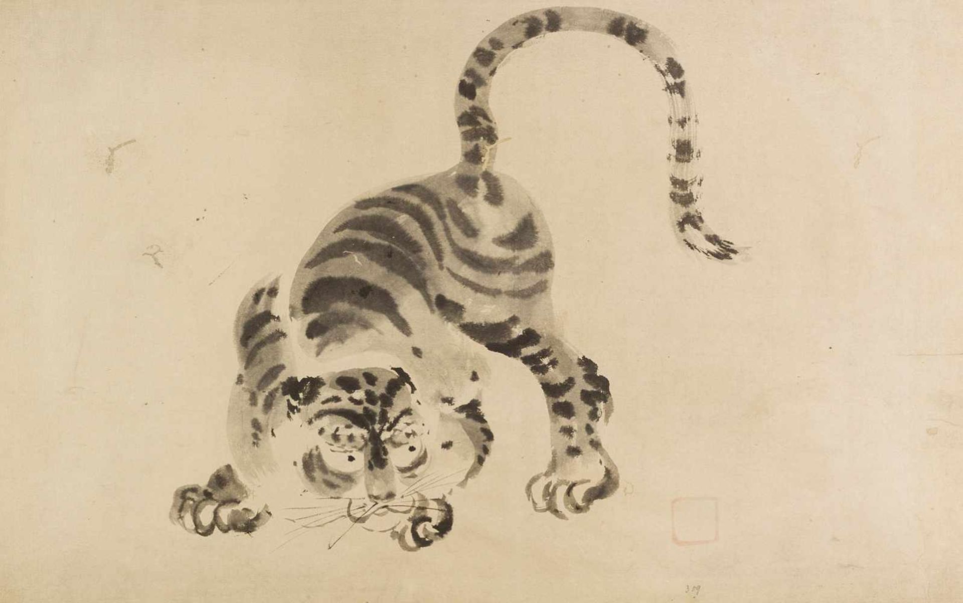 China. – Tiger in geduckter Haltung.Zeichnung, Tuschpinsel. Ch’ing, eventl. nach älterem Vorbild