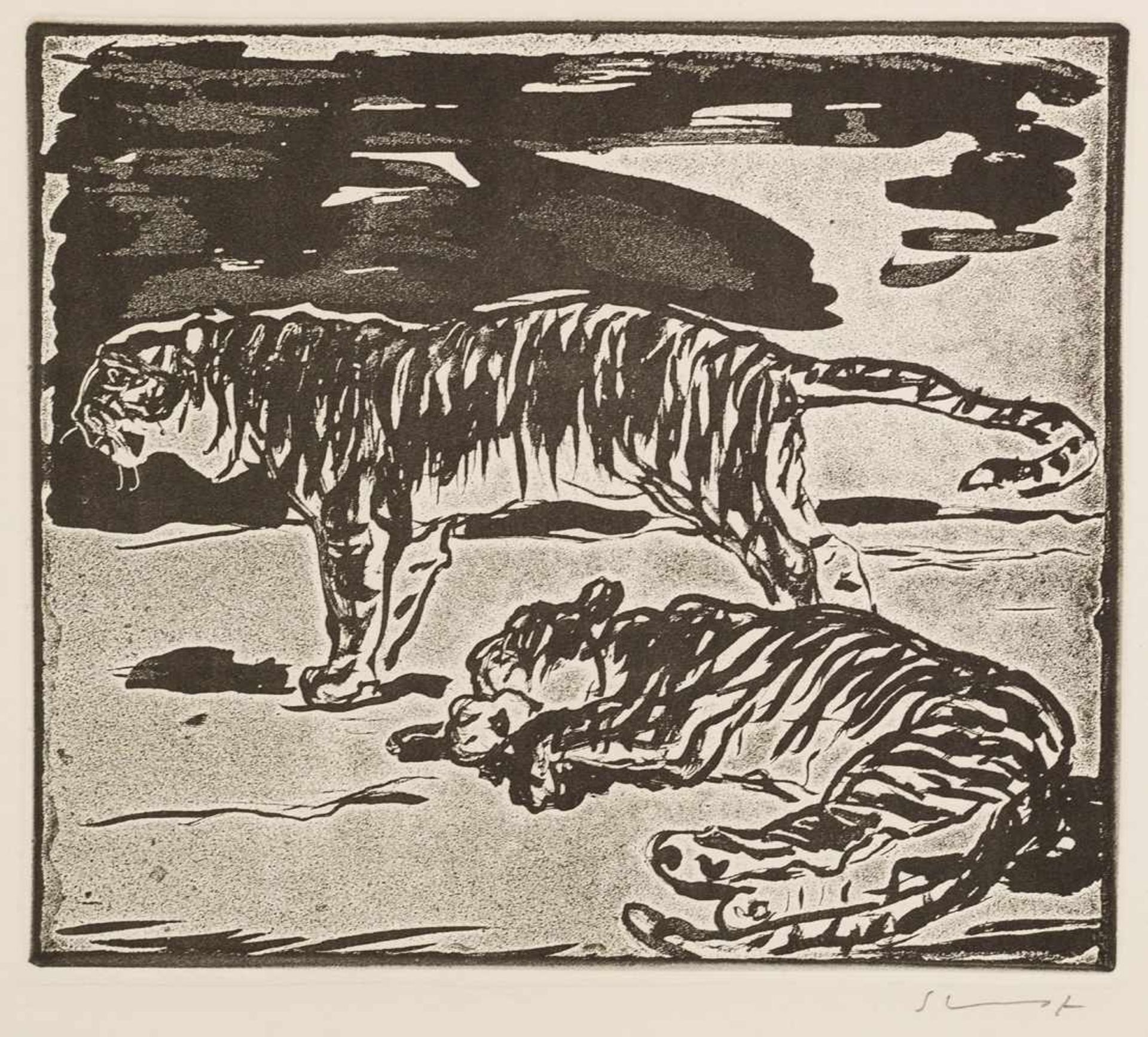 Slevogt, Max (1868-1932)Zwei Tiger, stehend / liegend nach linksRadierung in Punktiermanier mit