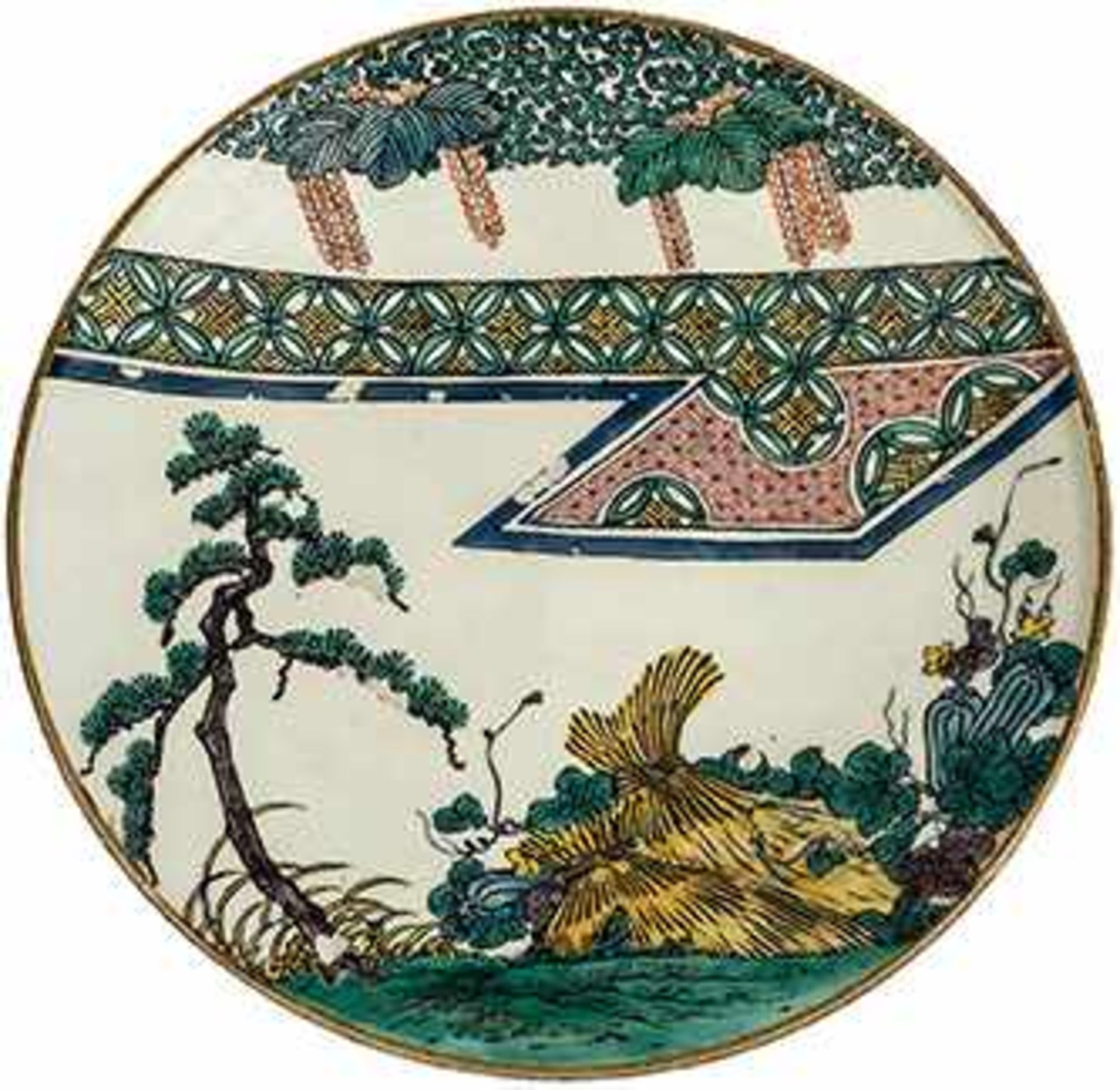 China. – Platte.Darstellung des Herbstes. Porzellan, grüne Familie, Ausgang Qing-Zeit.