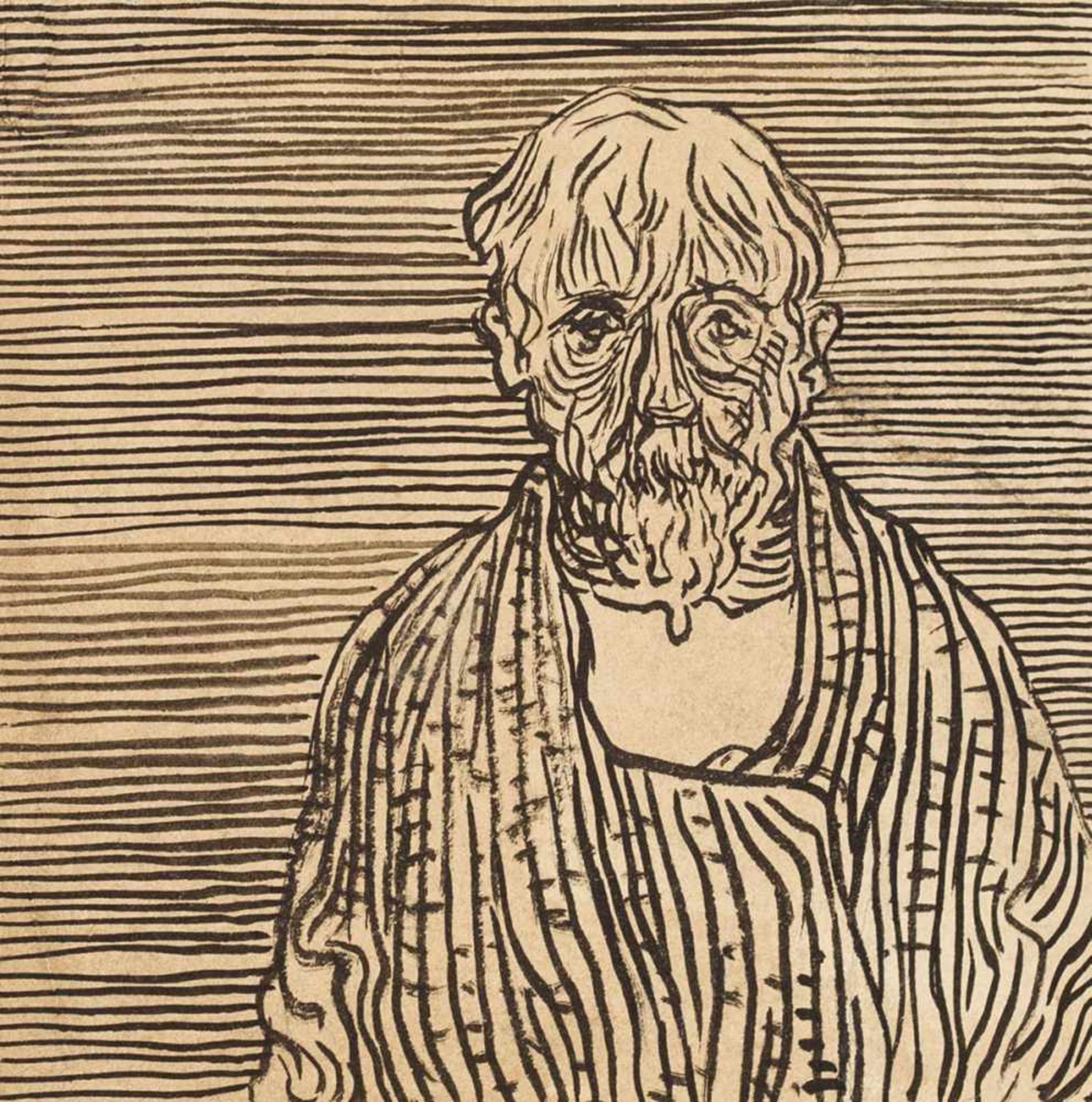 Kubin, Alfred(1877-1959). Bildnis eines bärtigen Mannes en face. Zeichnung. Tuschpinsel in Schwarz