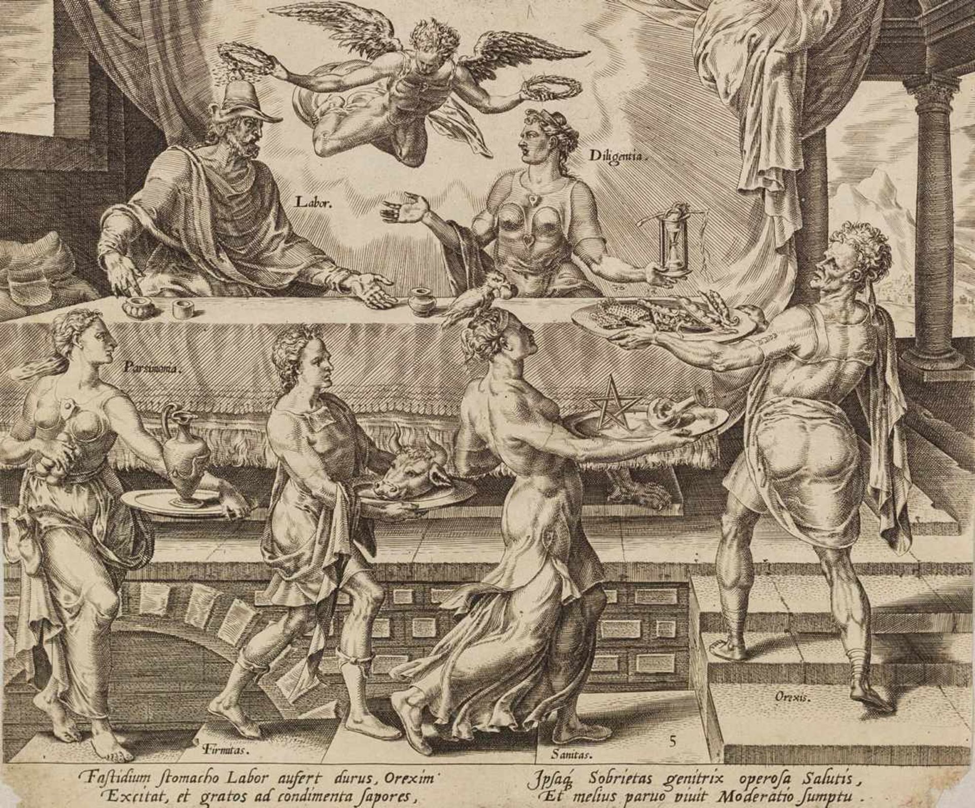Heemskerck, Maarten van(1498-1574). Die kleine Göttermahlzeit mit Labor und Diligentia. Kupferstich,