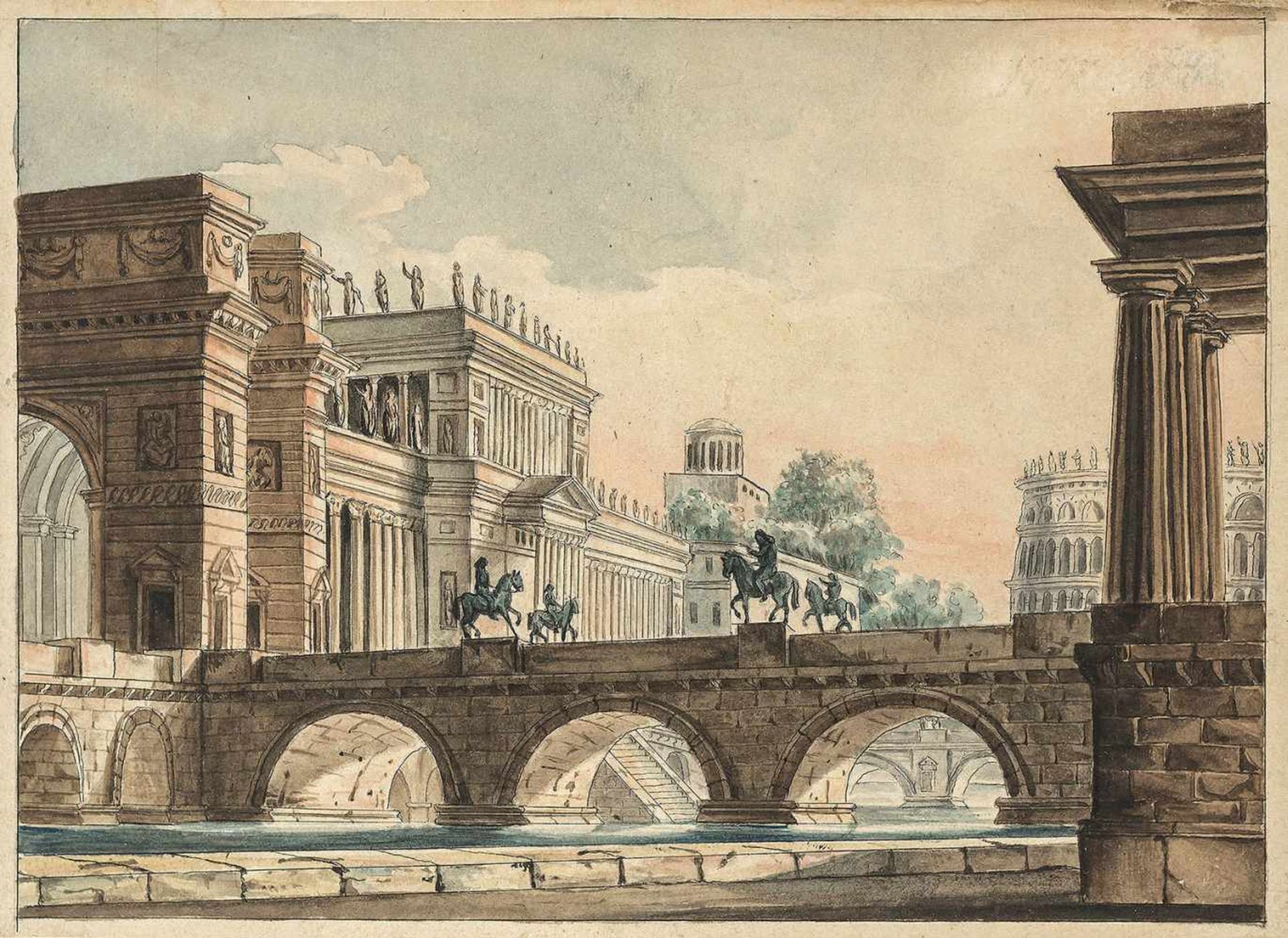 Galliari, Gasparo(1760/61-1823). Brücke und reiche Fassaden, Architekturcapriccio,