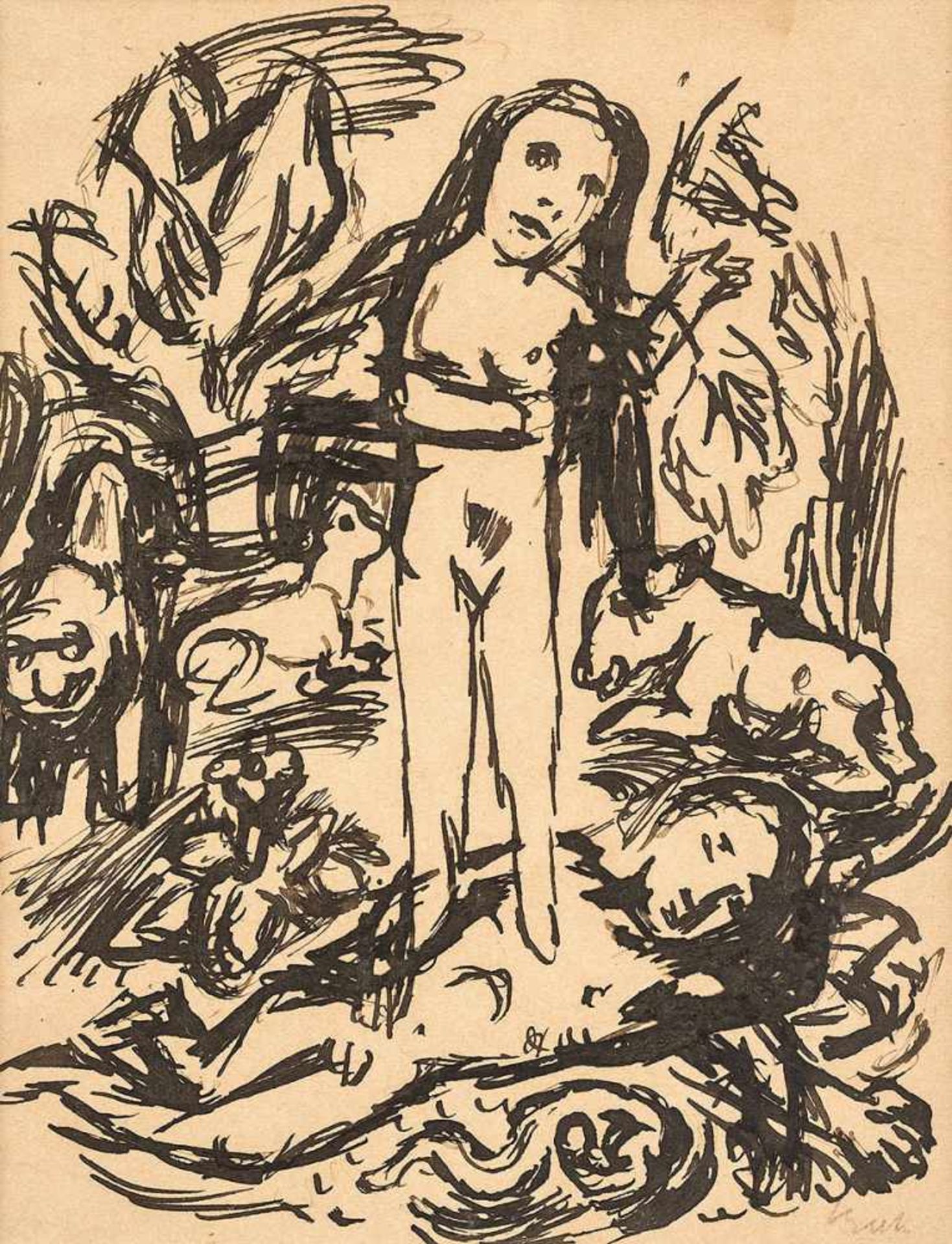 Beeh, René(1886-1922). Die Erschaffung Evas. Zeichnung. Tuschpinsel, mit Bleistift sign. 18,5:14,2