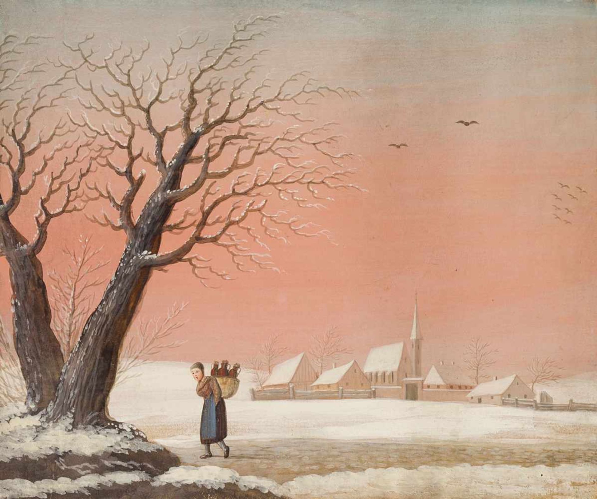 Bemmel, Georg Christoph Gottlieb II(1765-1811). Fränkischer Winter, im Vordergrund eine Frau, die