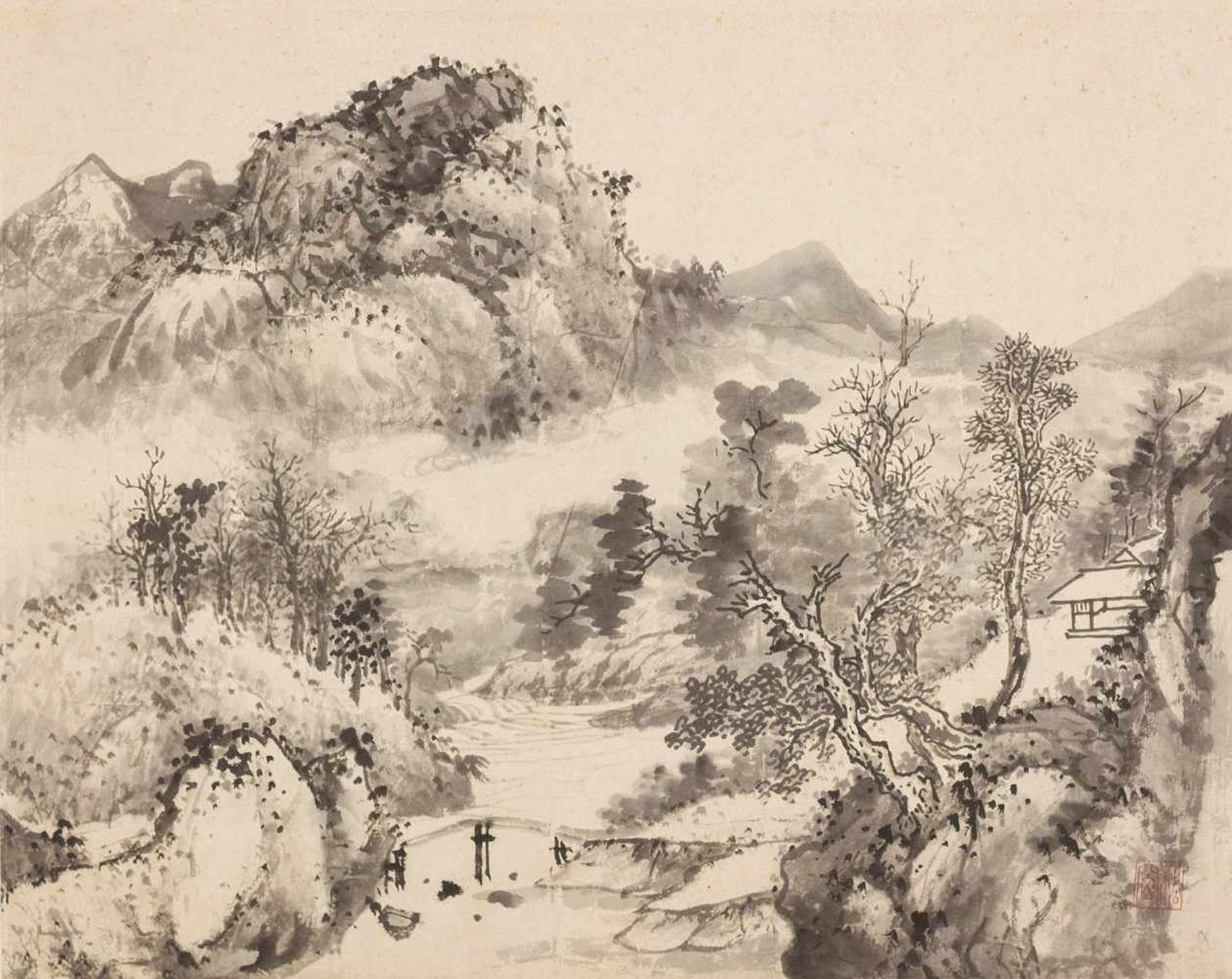 China. – Pu Quan"(1913-1991). Berglandschaft mit Fluß. Zeichnung. Tusche, r. u. Siegel Song