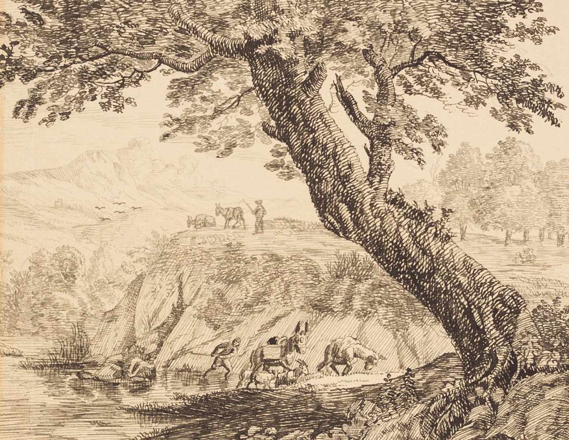 Kobell, Franz(1749-1822). Landschaft mit Hirte und Viehtreiber. Zeichnung. Tusche, Wasserzeichen HFT