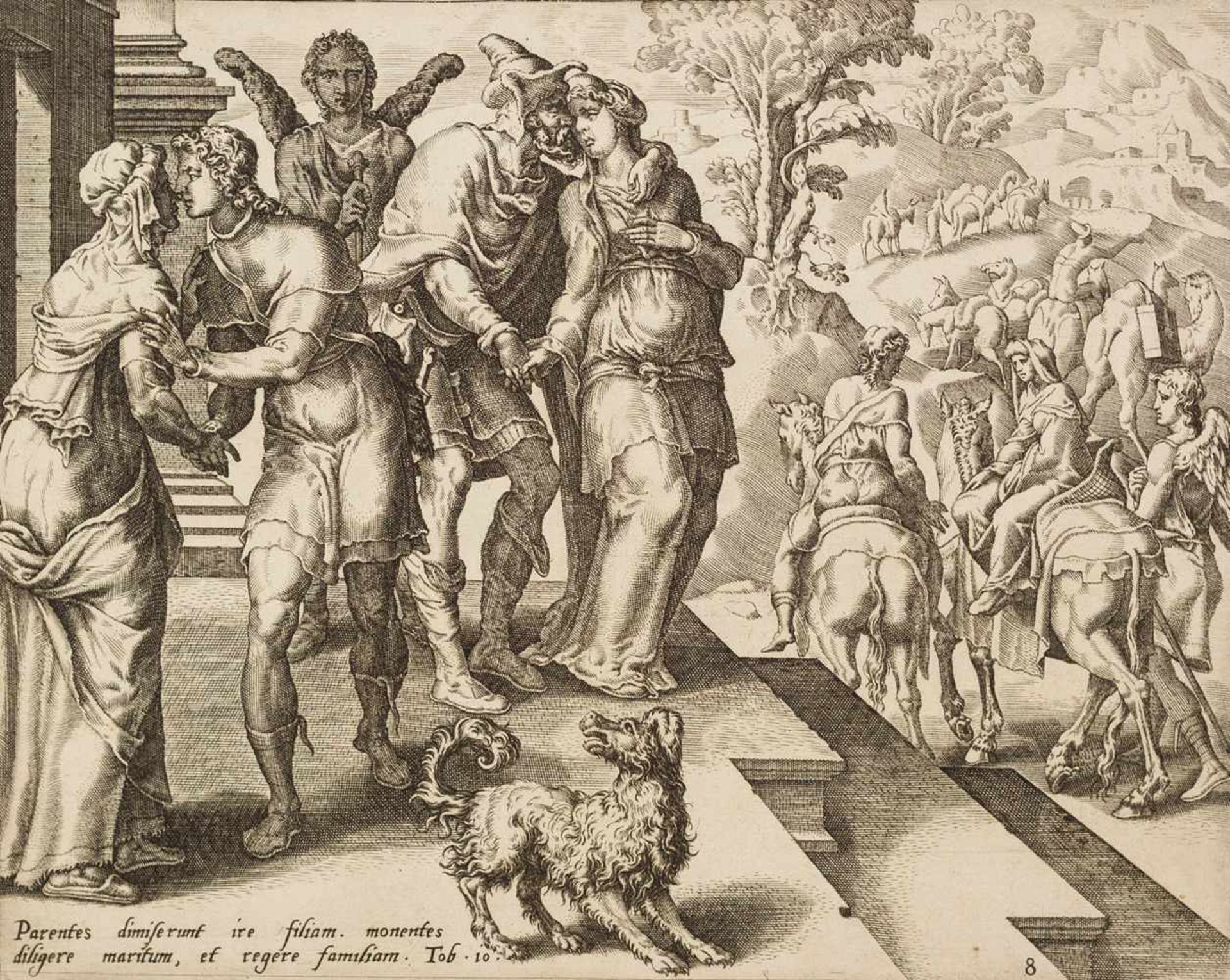 Heemskerck, Maarten van(1498-1574). Tobias, Sarah und der Engel (Buch Tobias, 10). Kupferstich. 19,