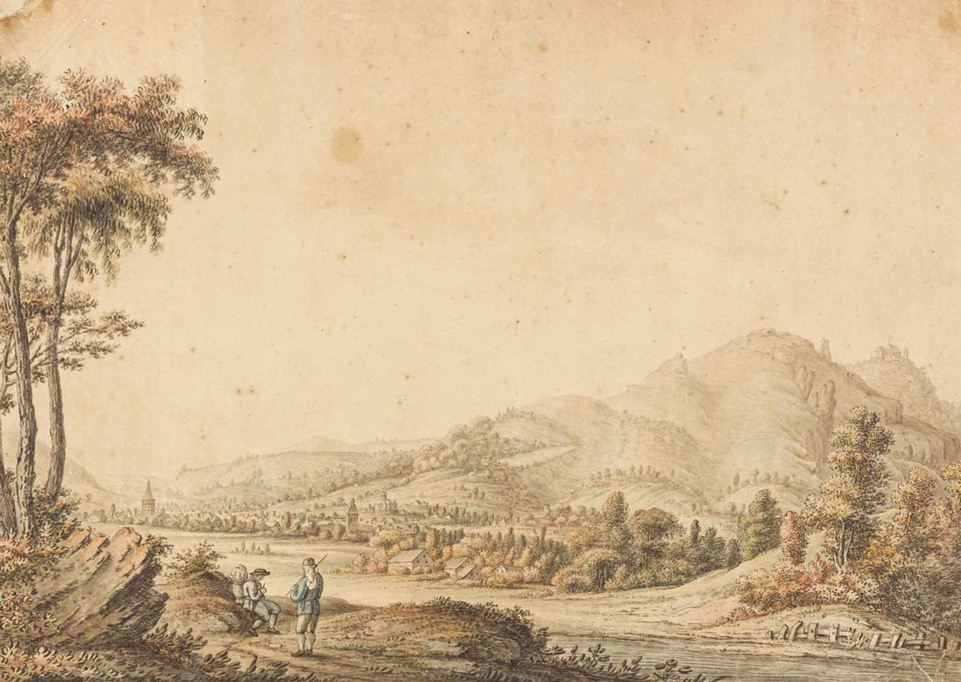 Doomer, Lambert"(1624-1700). Mittelrhein, Siebengebirge mit Insel Nonnenwerth. Zeichnung. Tuschfeder