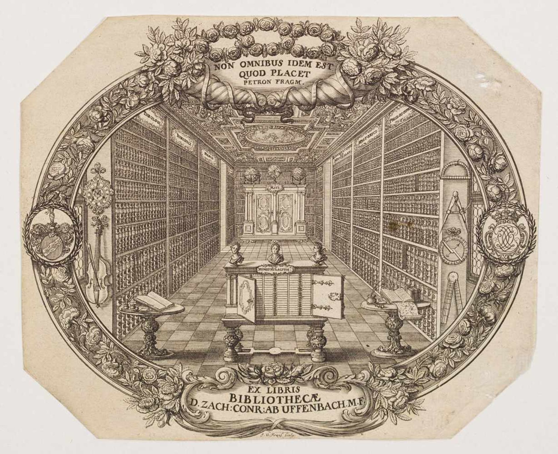 Conrad Zacharias von Uffenbach(Frankfurt). Exlibris. Kupferstich von Johann Ulrich Kraus (1655-1719)
