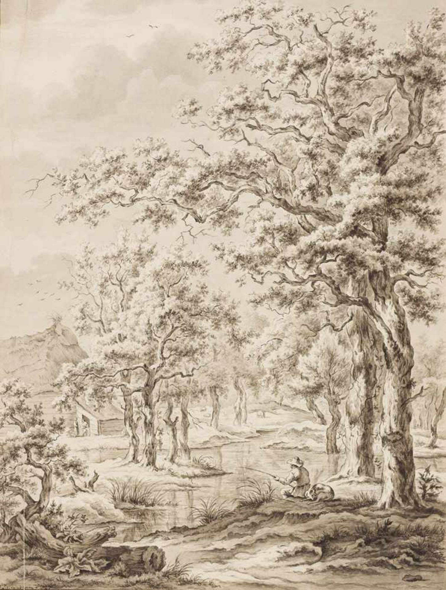 Eyndhoven, N. J. van.Baumlandschaft mit Angler. Zeichnung. Tuschpinsel in Umbra, signiert u. datiert