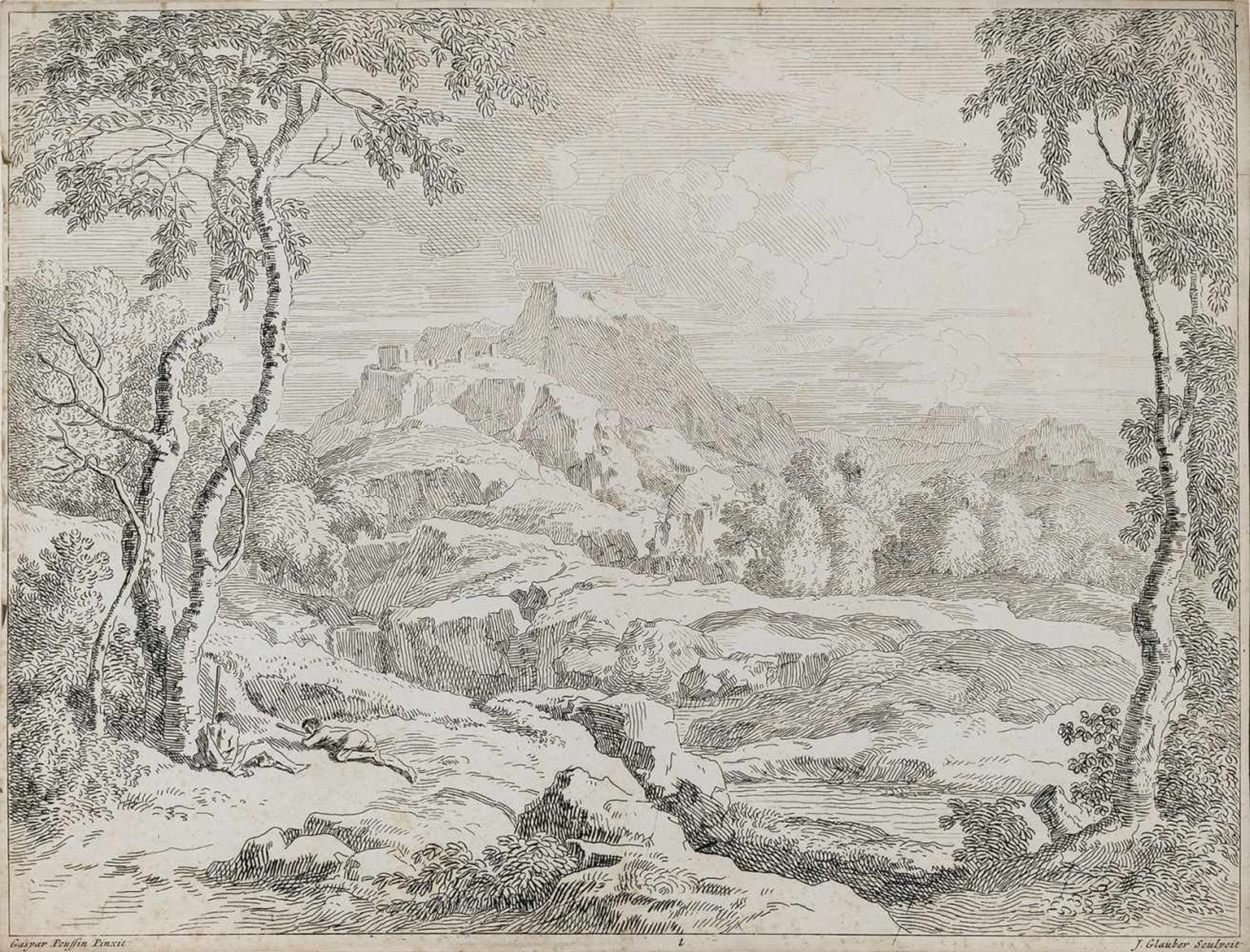 Glauber, Johannes"(1646-1726). Heroische Landschaft, ruhende Figuren links. Zeichnung, nach
