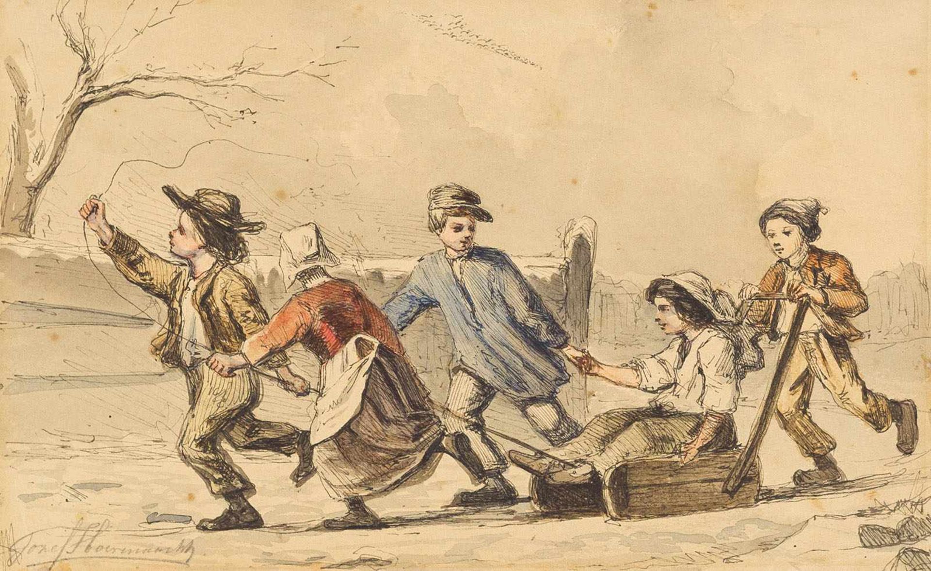 Hörmann, Joseph Ignaz(1775-1820). Wintervergnügen. Zeichnung. Feder, farbige Tuschen, mit