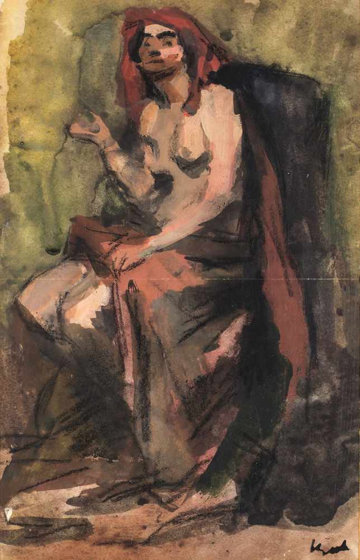 Beeh, René(1886-1922). Sitzende Frau. Aquarell, r. u. Stempelsignatur. 21:13,5 cm. Modell – laut