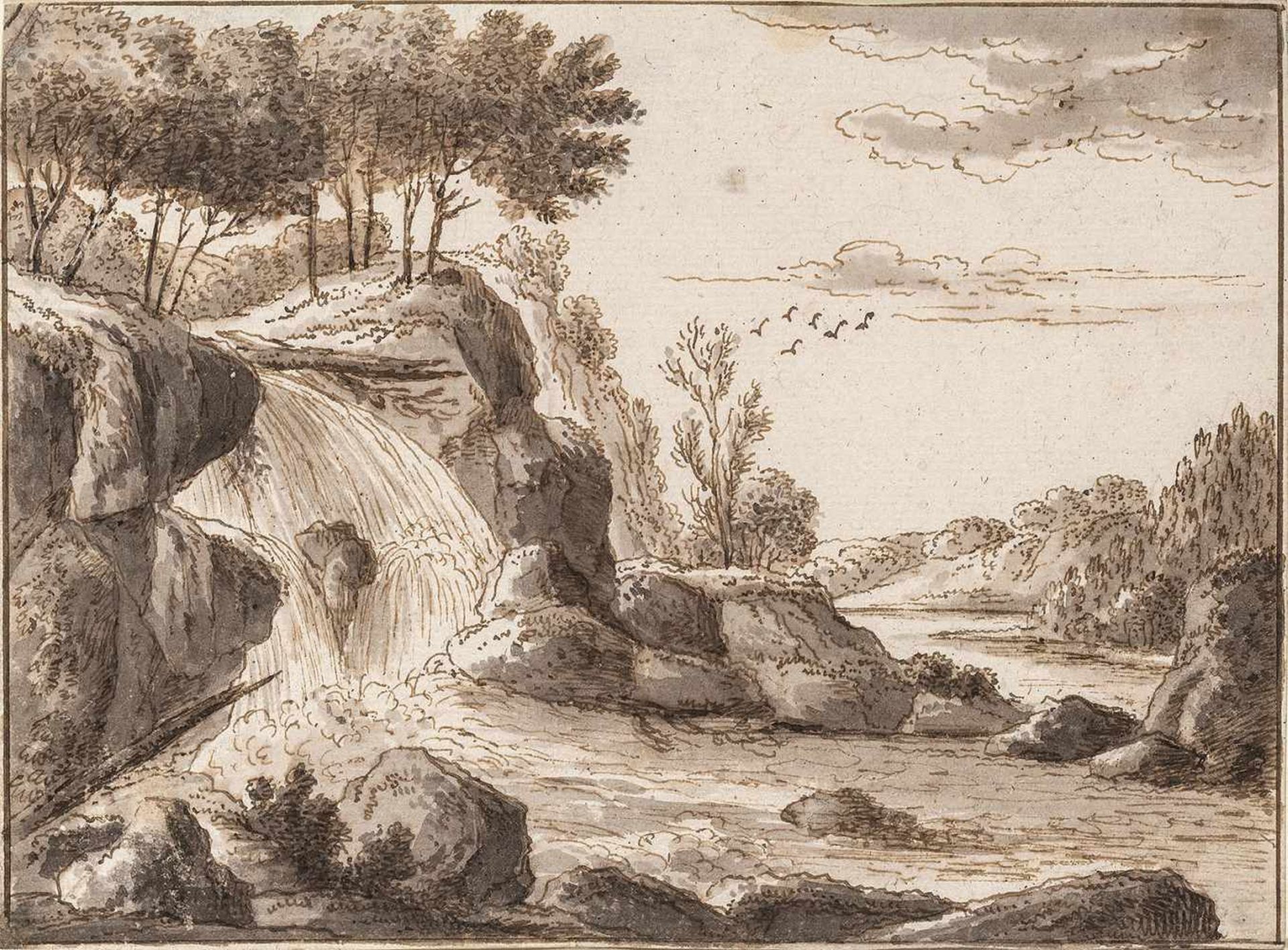 Kobell, Ferdinand(1740-1799). Landschaft mit Wasserfall. Zeichnung. Pinsel in Braun, grau laviert.