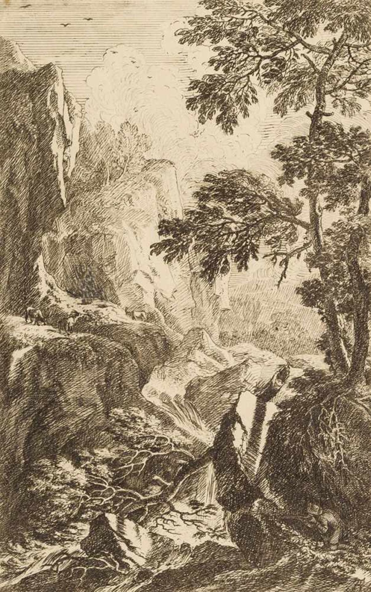 Beich, Joachim Franz(1665-1748). Felslandschaft mit Bergbach, Jäger und drei Ziegen. Radierung,