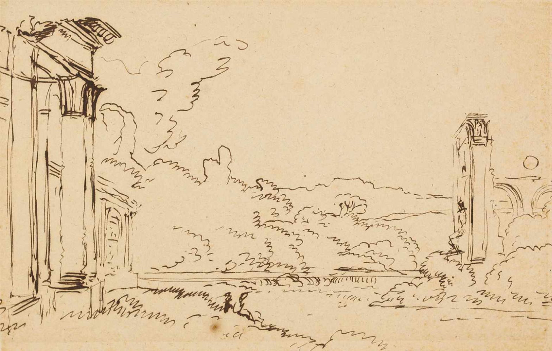 Gärtner, Friedrich v."(1791-1847). Landschaft mit antiken Architekturen. Zeichnung. Tuschfeder,