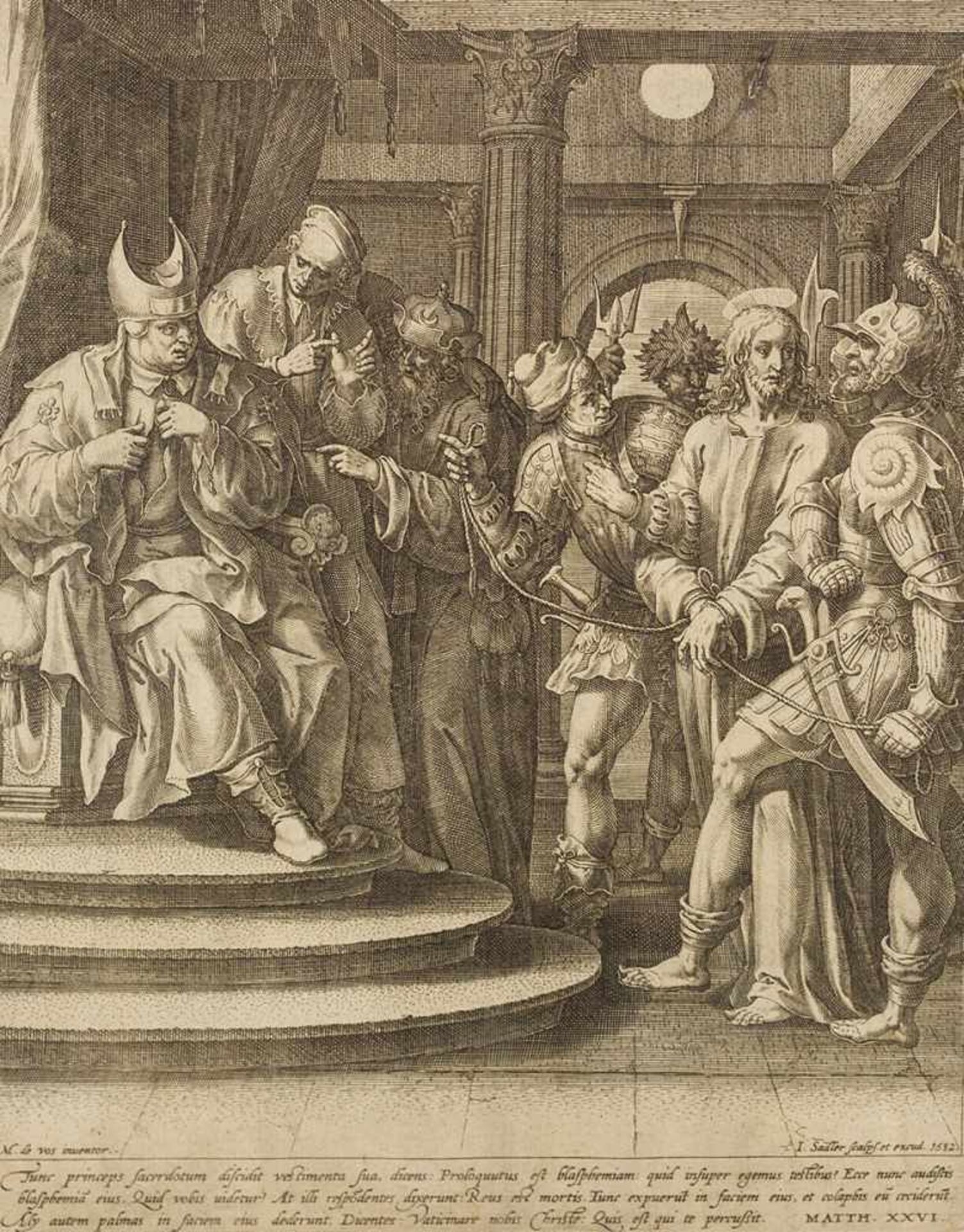 Vos, Marten de(1532-1603), nach. Christus vor Caiphas. Kupferstich von Johannes I Sadeler (um 1570-
