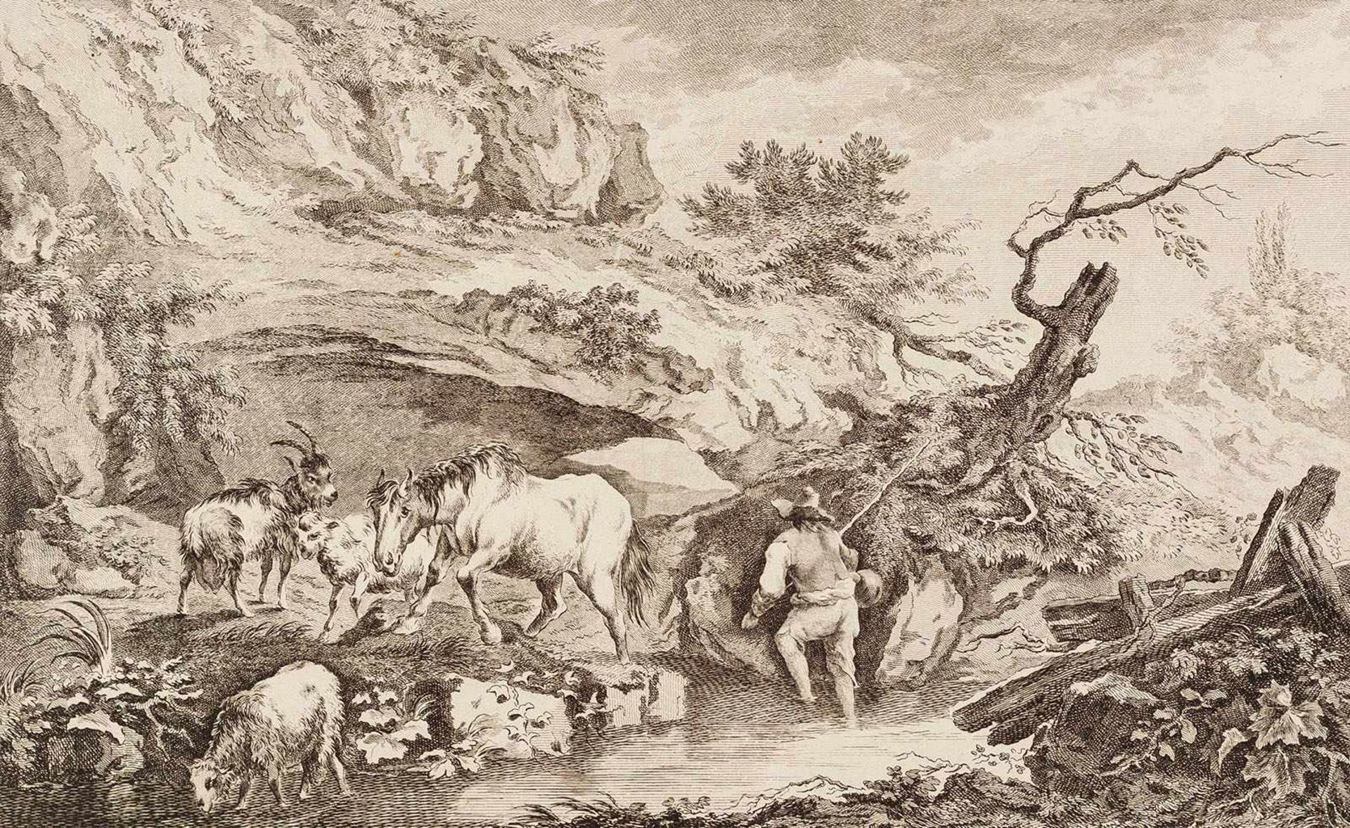 Düringer, Daniel(1720-1786). Große Landschaft mit Tränke. Rad., (1769). Verlegeradresse G.