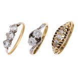 Three diamond set rings, comprising a claw set three stone brilliant-cut diamond ring, a Victorian/