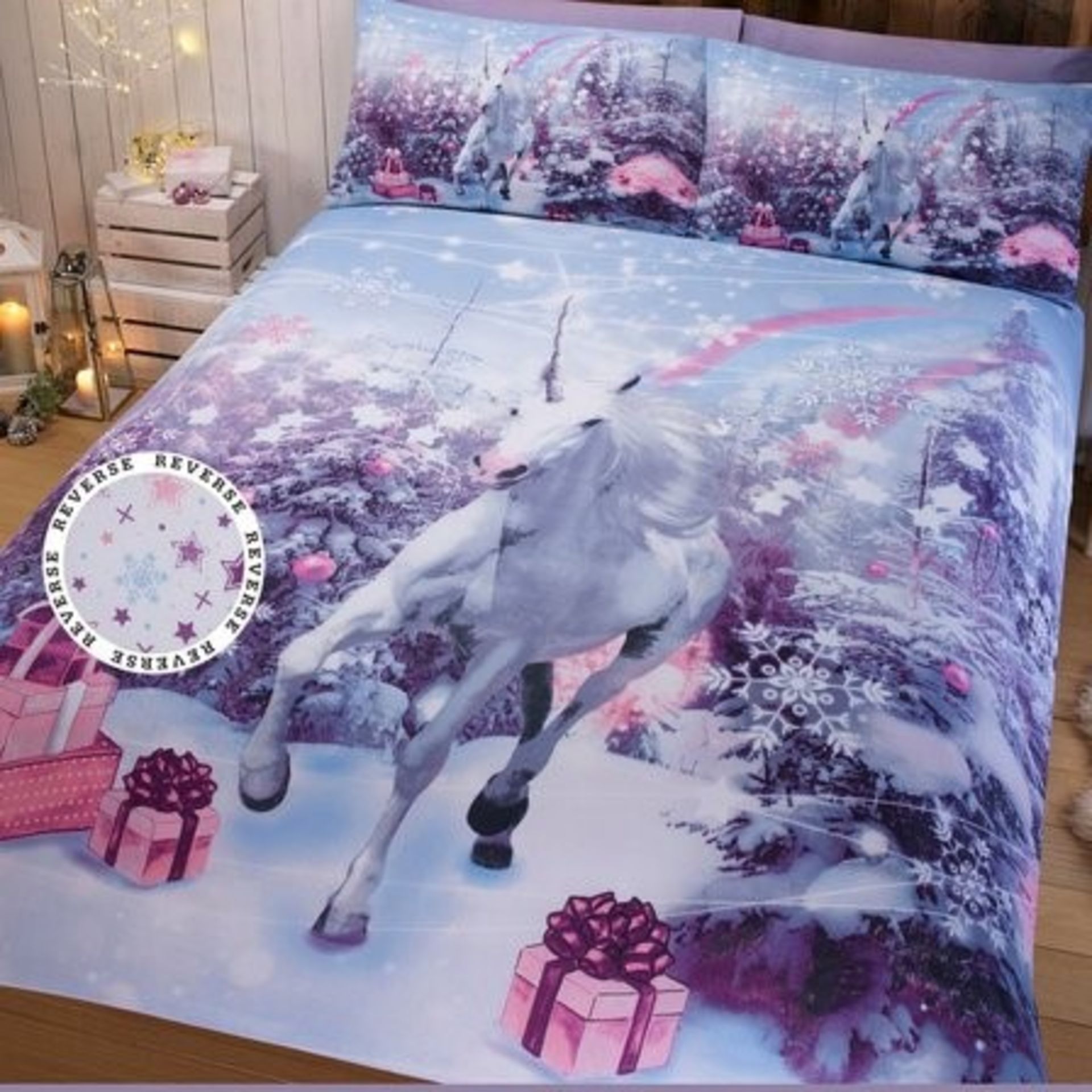 1 PACKAGED UNICORN SINGLE DUVET SET (VIEWING HIGHLY RECOMMENDED)