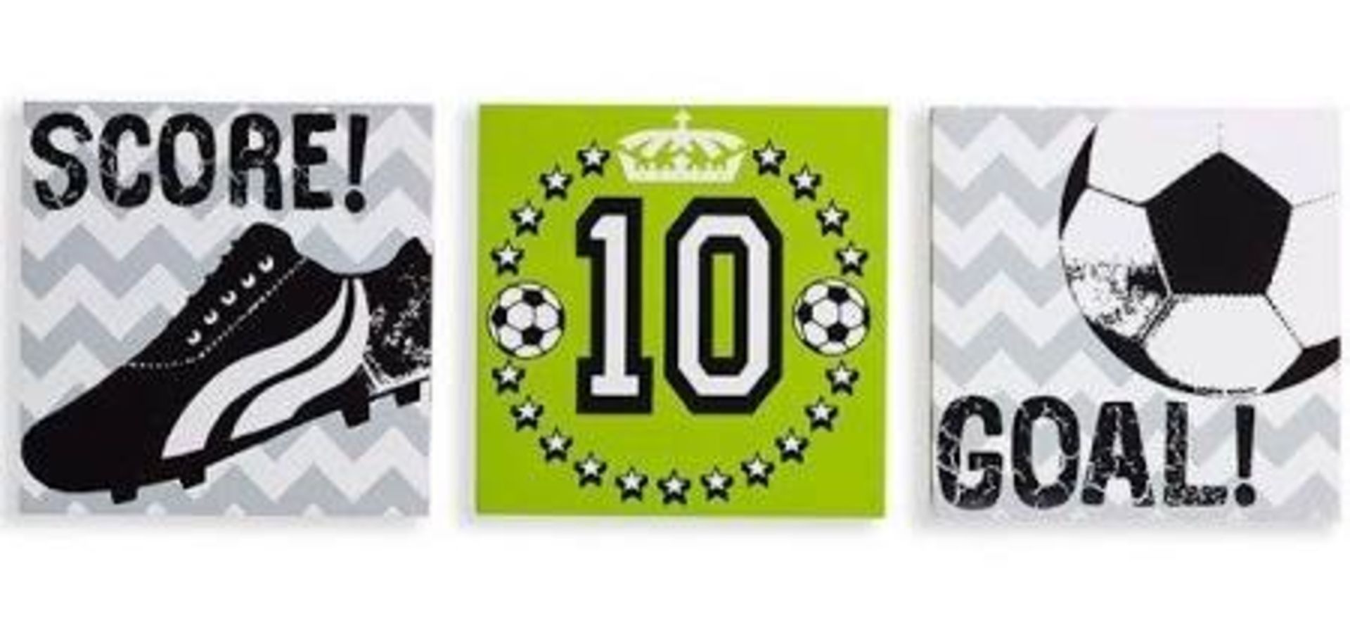 1 BRAND NEW BOXED ARTHOUSE SET OF THREE FOOTBALL CANVAS WALL ART, EACH CANVAS IS 20CM X 20CM /