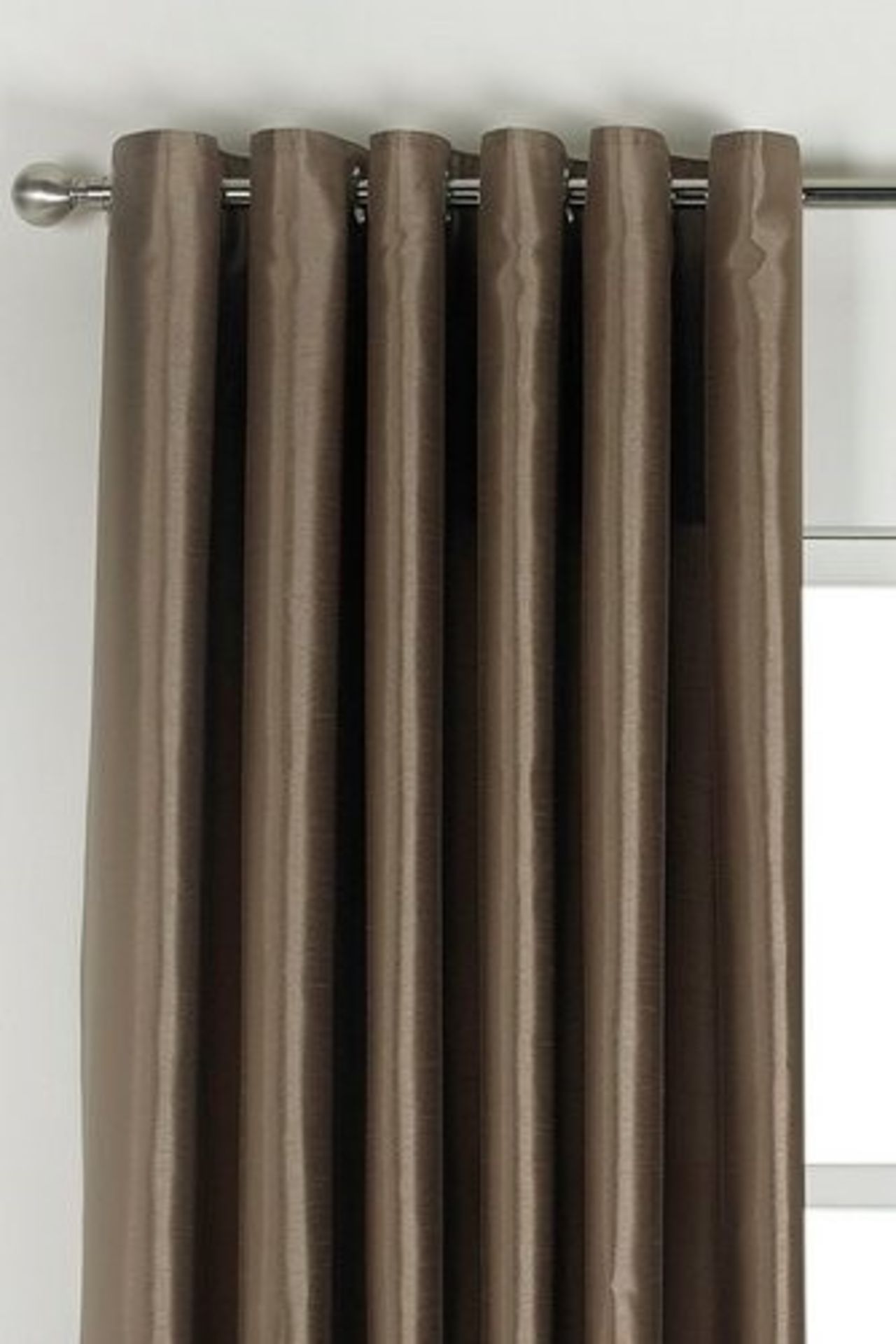 1 PACKAGED FAUX SILK FULLY LINED EYELET CURTAINS IN MINK / APPROX 90" X 90" (VIEWING HIGHLY