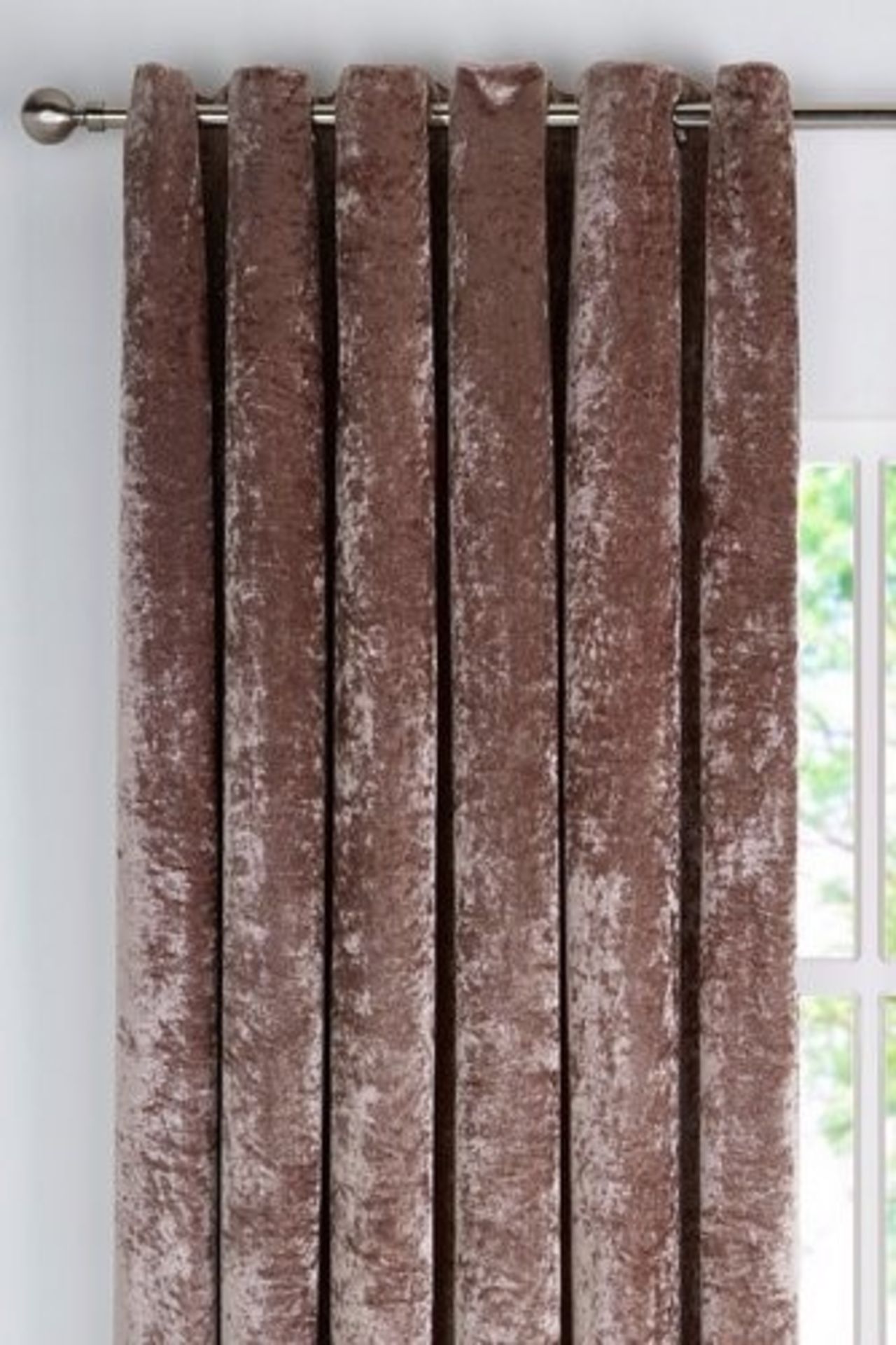 1 AS NEW BAGGED CRUSHED VELVET CURTAINS IN MINK / APPROX 90" X 90" (VIEWING HIGHLY RECOMMENDED)