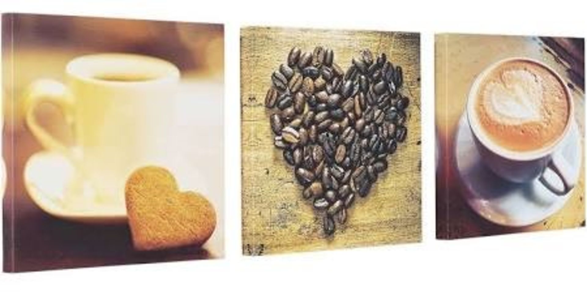 1 BRAND NEW BOXED ARTHOUSE SET OF THREE COFFEE TIME CANVAS WALL ART, EACH CANVAS IS 25CM X 16CM /