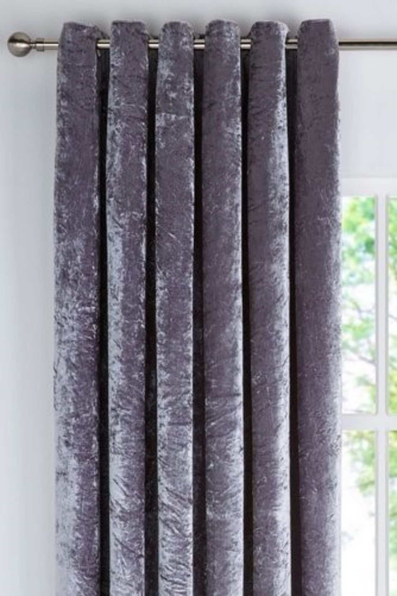 1 PACKAGED CRUSHED VELVET FULLY LINED EYELET CURTAINS IN SILVER / APPROX 46" X 54" (VIEWING HIGHLY