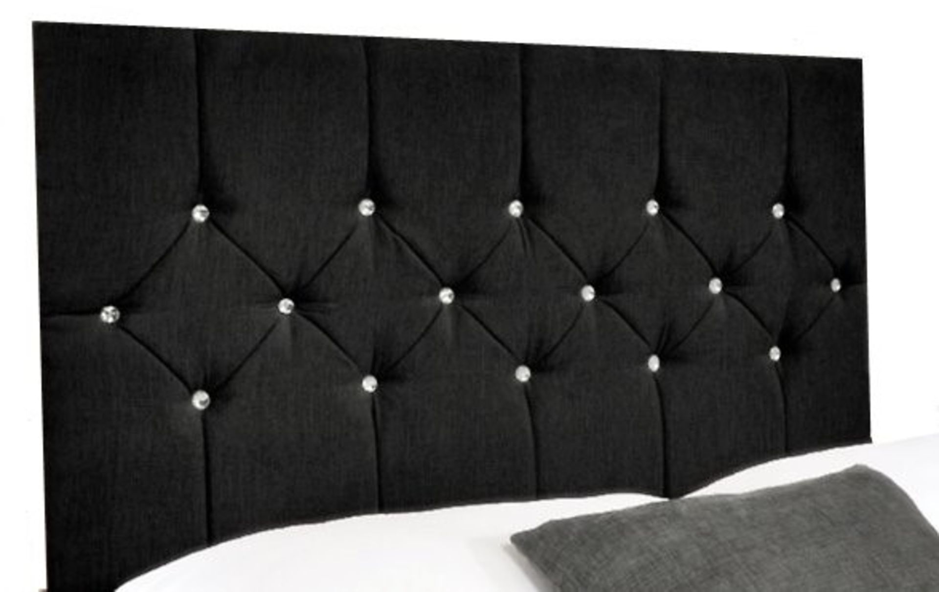 1 GRADE A BAGGED 135CM HEADBOARD IN BLACK FAUX LEATHER WITH DIAMANTE BUTTONS (VIEWING HIGHLY