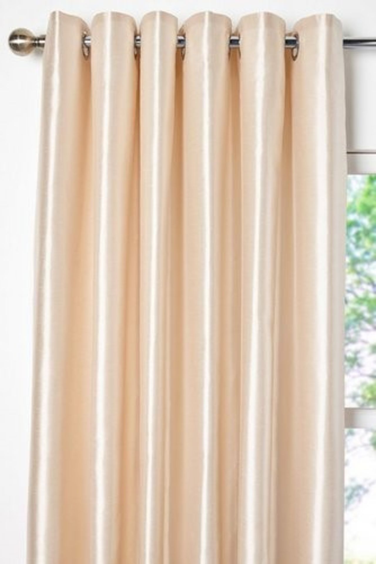 1 AS NEW PACKED FAUX SILK FULLY LINED CURTAINS WITH EYELET IN NATURAL / APPROX 168CM X 137CM (